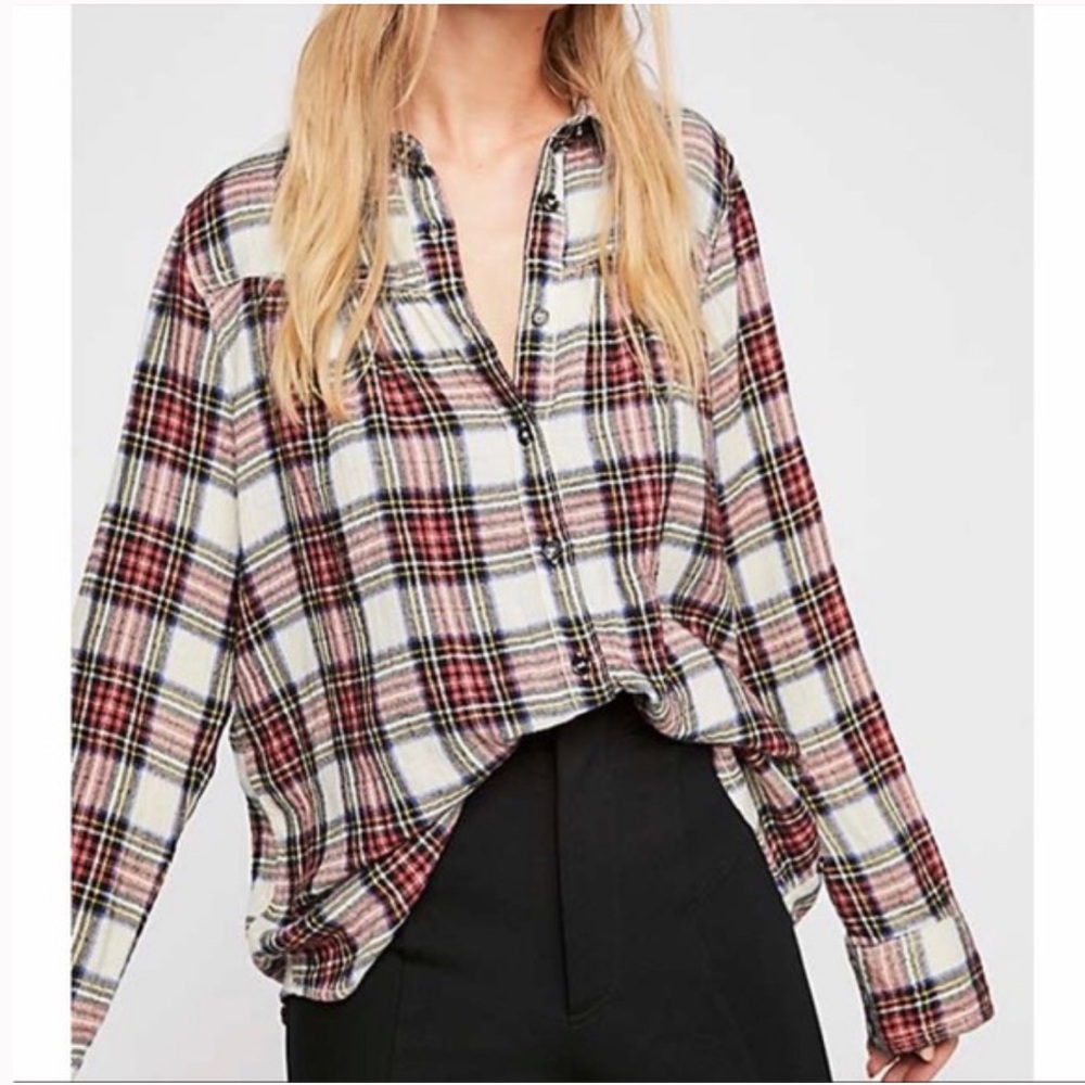 Free People Girlfriend Plaid Flannel Button Down Long Sleeve Shirt